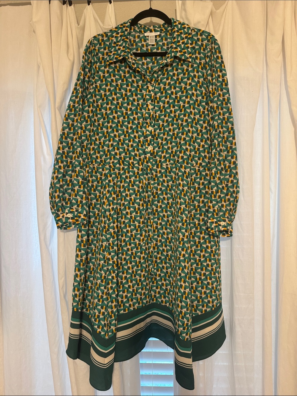 London Times Green Geometric Long-Sleeve Button Dress with Stripe Hem